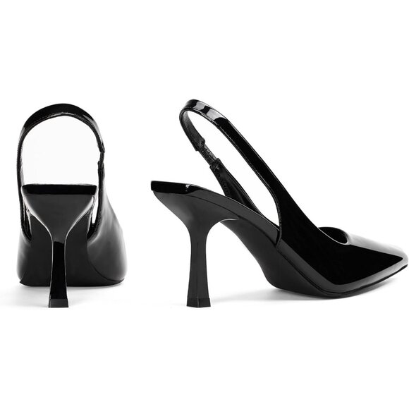 Women Black Patent Satin Pointed Closed Toe Slingback Mid Heels Stiletto Pumps - Picture 4 of 9